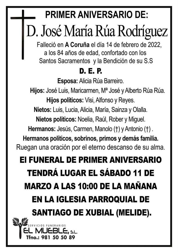 PRIMER ANIVERSARIO DE D. JOSÉ MARÍA RÚA RODRÍGUEZ.