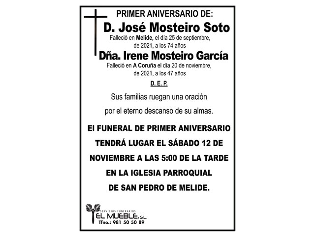 PRIMER ANIVERSARIO DE D. JOSÉ MOSTEIRO SOTO E IRENE MOSTEIRO GARCÍA.