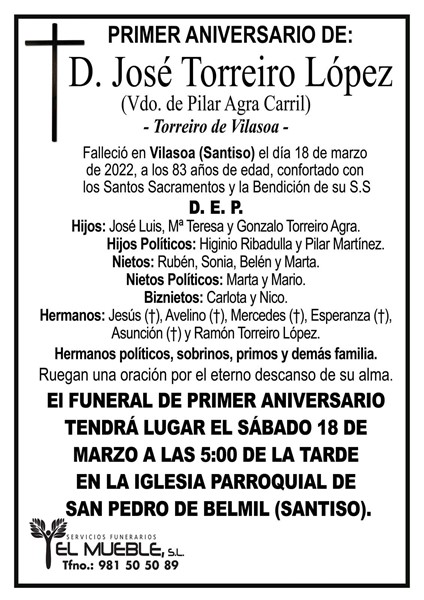 PRIMER ANIVERSARIO DE D. JOSÉ TORREIRO LÓPEZ.