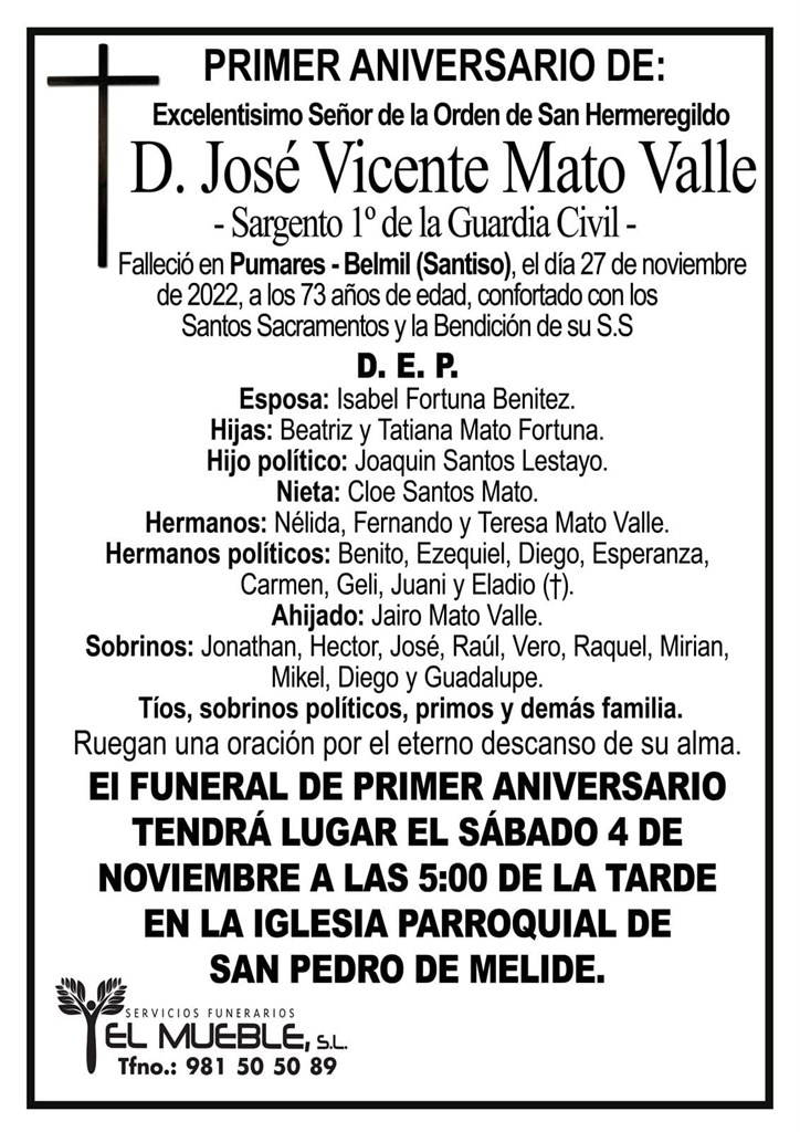 Primer aniversario de D. José Vicente Mato Valle.