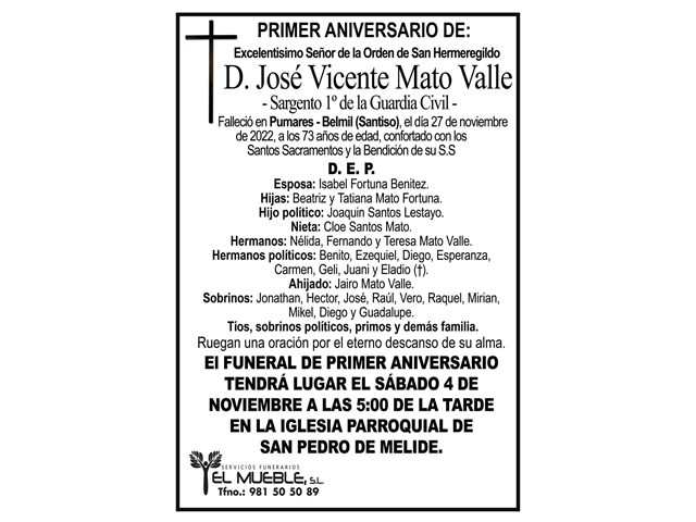 Primer aniversario de D. José Vicente Mato Valle.