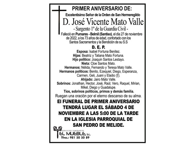 Primer aniversario de D. José Vicente Mato Valle.