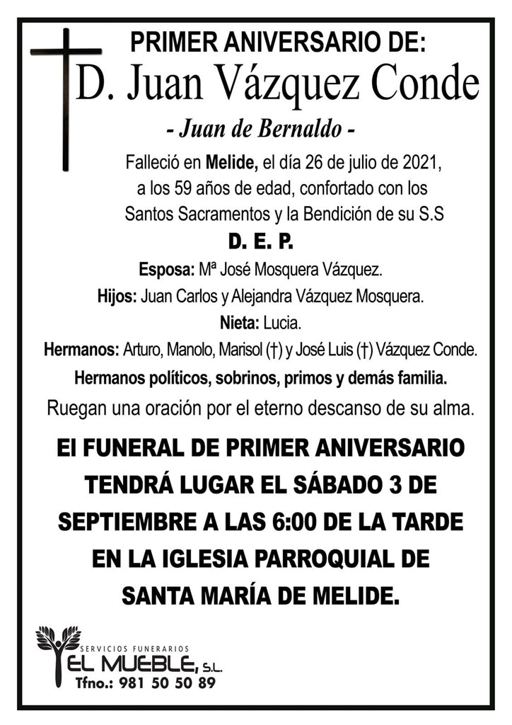 PRIMER ANIVERSARIO DE D. JUAN VÁZQUEZ CONDE.