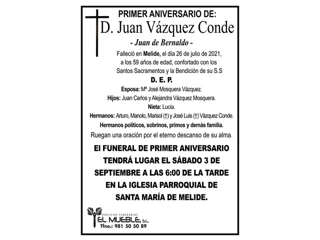 PRIMER ANIVERSARIO DE D. JUAN VÁZQUEZ CONDE.