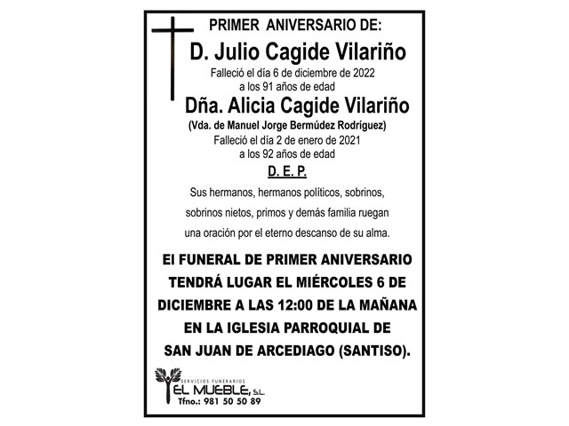 PRIMER ANIVERSARIO DE D. JULIO Y DÑA. ALICIA CAJIDE VILARIÑO