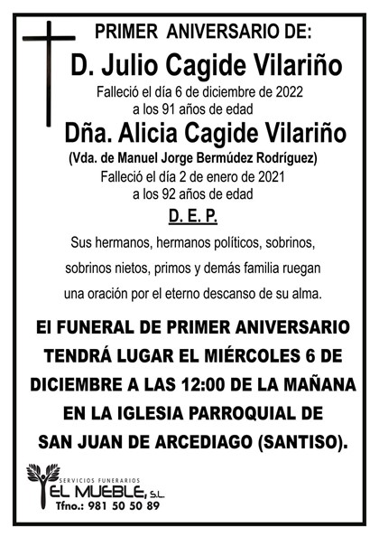 PRIMER ANIVERSARIO DE D. JULIO Y DÑA. ALICIA CAJIDE VILARIÑO