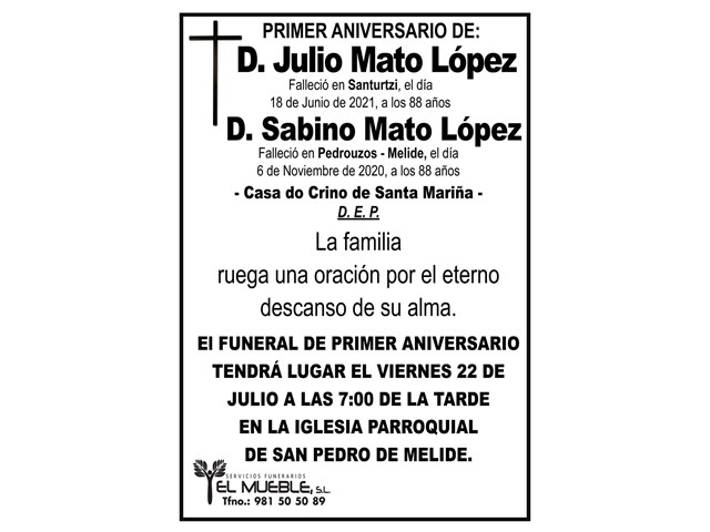 PRIMER ANIVERSARIO DE D. JULIO Y SABINO MATO LÓPEZ.