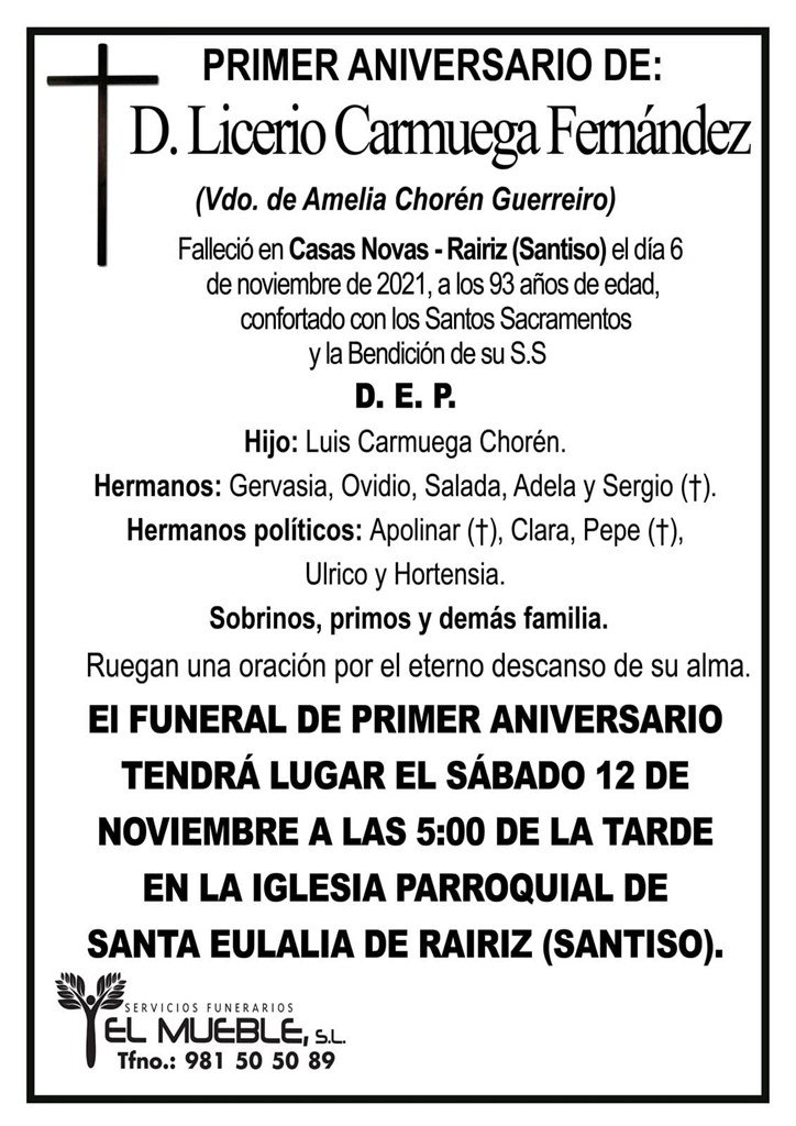 PRIMER ANIVERSARIO DE D. LICERIO CARMUEGA FERNÁNDEZ.