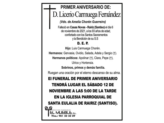 PRIMER ANIVERSARIO DE D. LICERIO CARMUEGA FERNÁNDEZ.