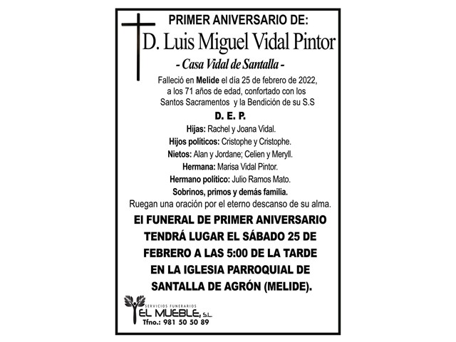 PRIMER ANIVERSARIO DE D. LUIS MIGUEL VIDAL PINTOR.