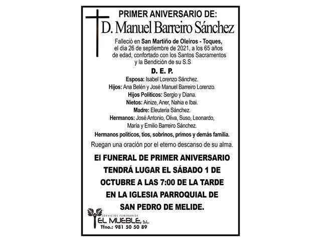 PRIMER ANIVERSARIO DE D. MANUEL BARREIRO SÁNCHEZ.