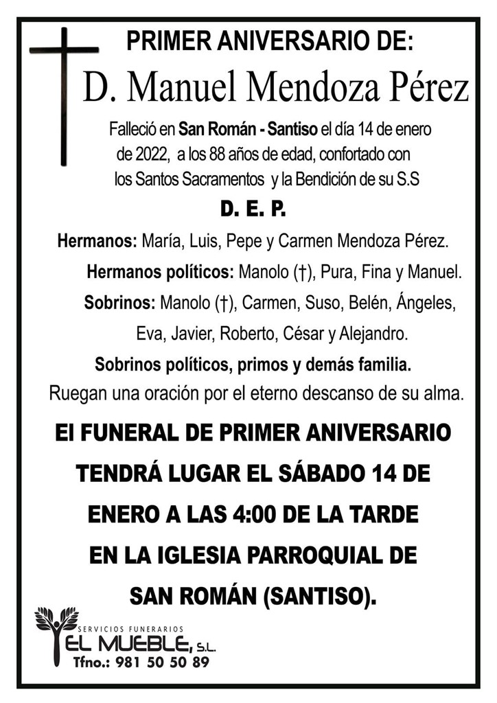 PRIMER ANIVERSARIO DE D. MANUEL MENDOZA PÉREZ.