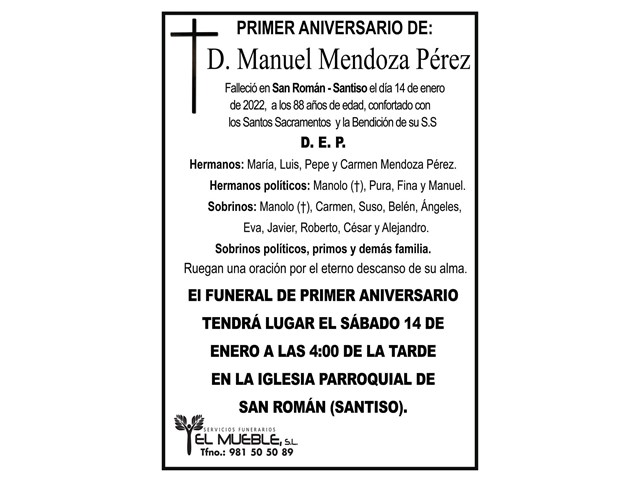 PRIMER ANIVERSARIO DE D. MANUEL MENDOZA PÉREZ.