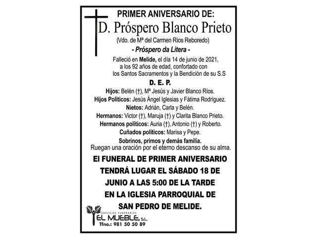 PRIMER ANIVERSARIO DE D. PRÓSPERO BLANCO PRIETO.