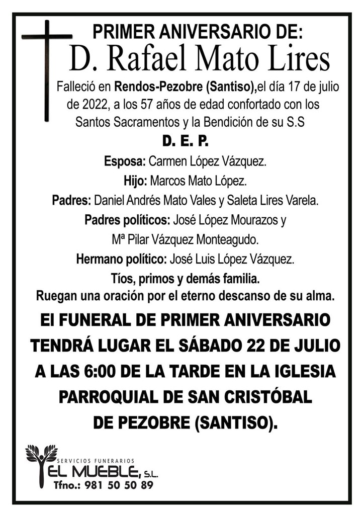 Primer aniversario de D. Rafael Mato Lires.