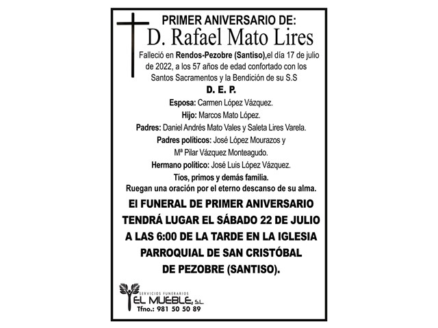 Primer aniversario de D. Rafael Mato Lires.