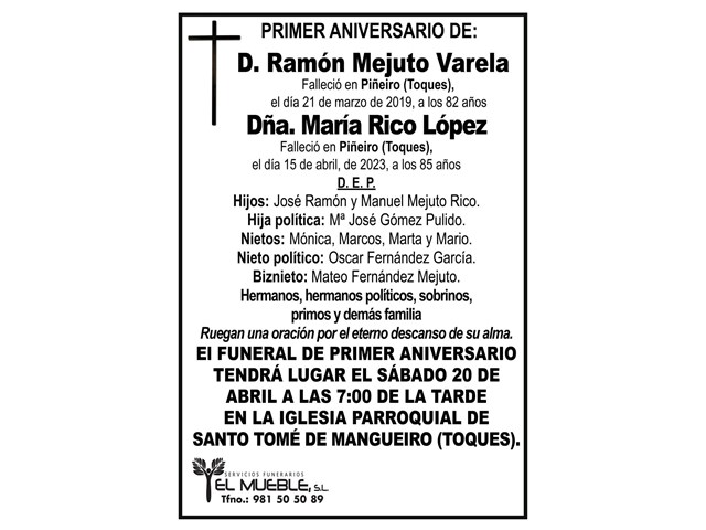 Primer aniversario de D. RAMÓN MEJUTO VARELA y su esposa DÑA. MARÍA RICO LÓPEZ.
