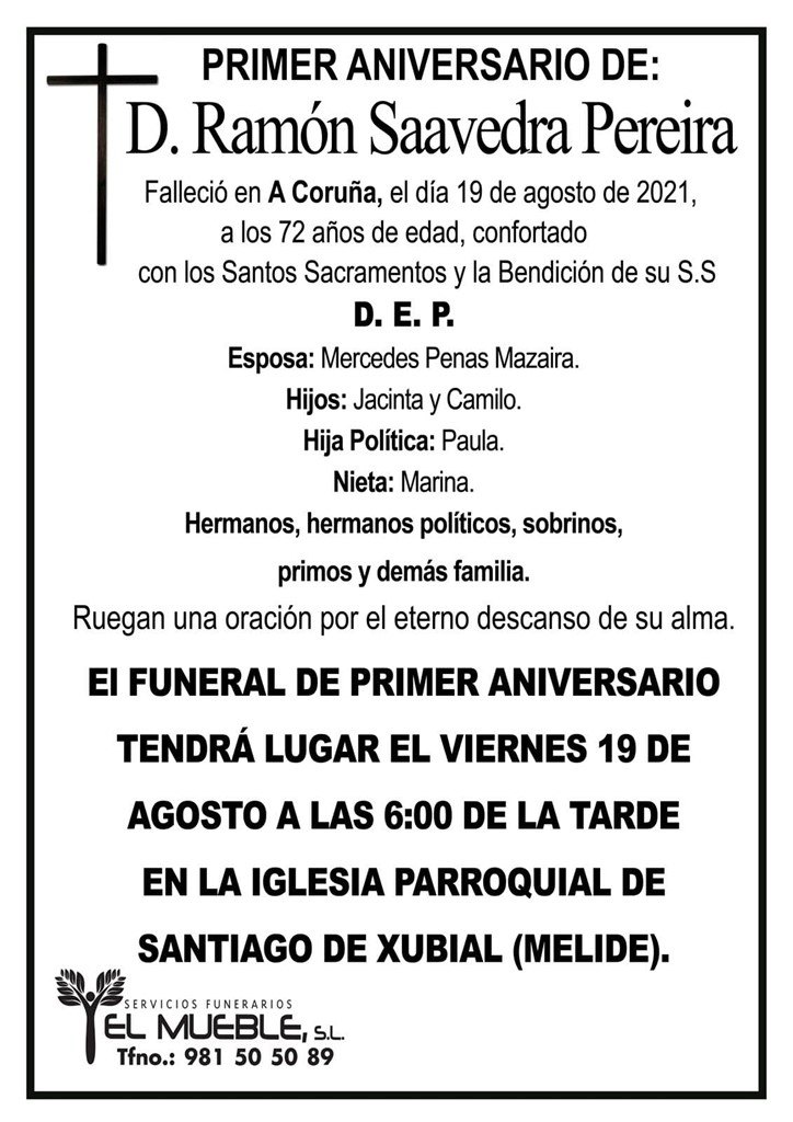 PRIMER ANIVERSARIO DE D. RAMÓN SAAVEDRA PEREIRA.