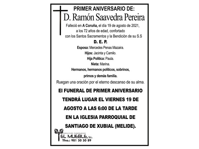 PRIMER ANIVERSARIO DE D. RAMÓN SAAVEDRA PEREIRA.