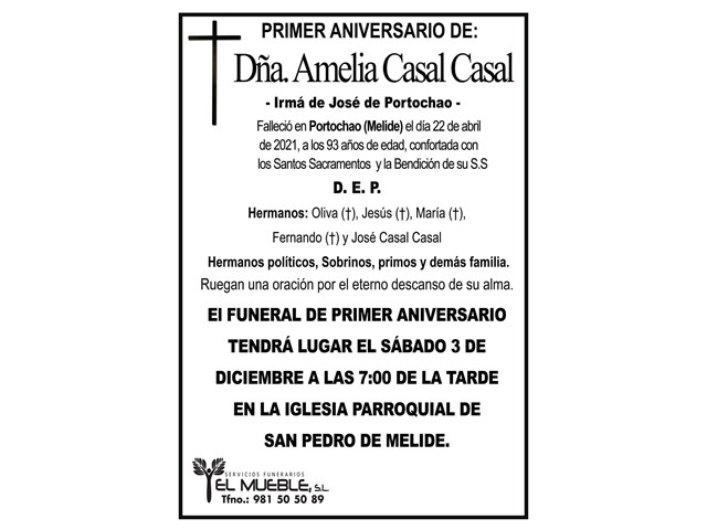 PRIMER ANIVERSARIO DE DÑA. AMELIA CASAL CASAL.