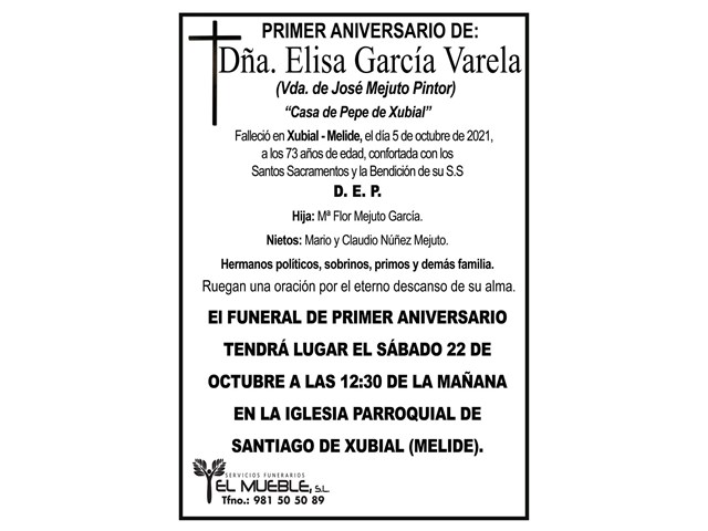 PRIMER ANIVERSARIO DE DÑA. ELISA GARCIA VARELA.