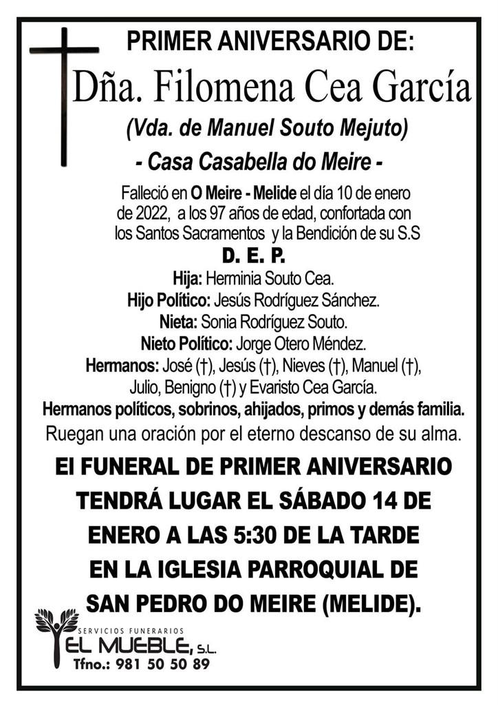 PRIMER ANIVERSARIO DE DÑA. FILOMENA CEA GARCÍA.
