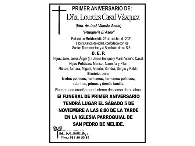 PRIMER ANIVERSARIO DE DÑA. LOURDES CASAL VÁZQUEZ.