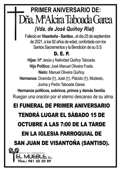 PRIMER ANIVERSARIO DE DÑA. Mª ALCIRA TABOADA GAREA.