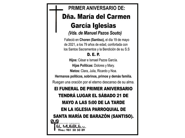 PRIMER ANIVERSARIO DE DÑA. Mª DEL CARMEN GARCÍA IGLESIAS.