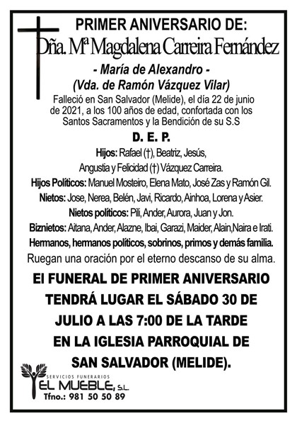 PRIMER ANIVERSARIO DE DÑA. Mª MAGDALENA CARREIRA FERNÁNDEZ.