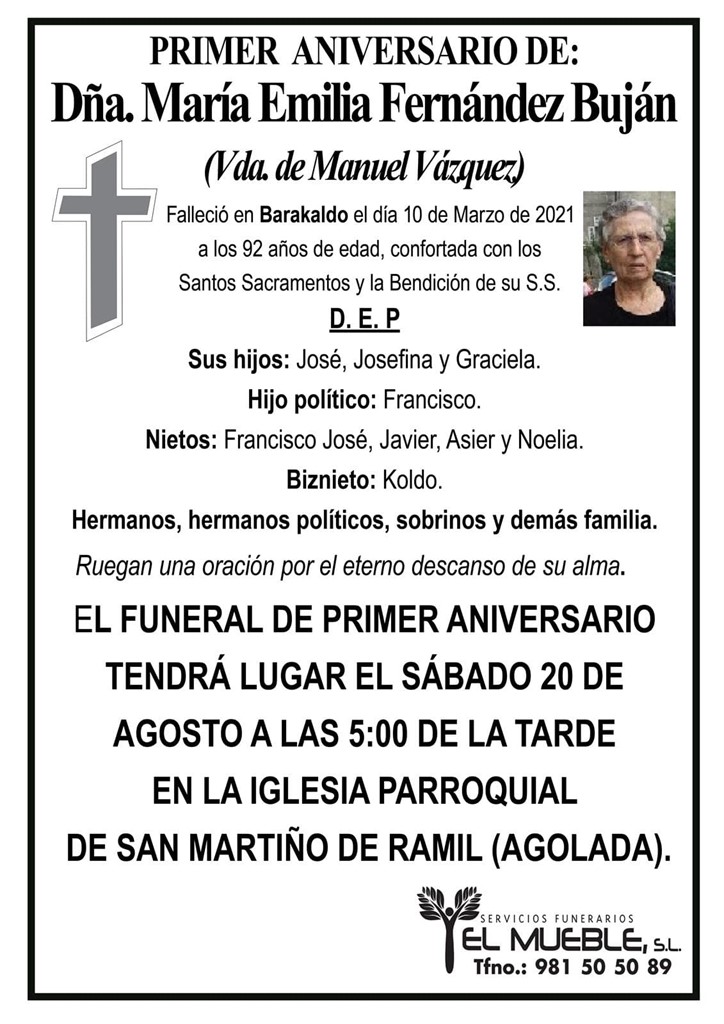 PRIMER ANIVERSARIO DE: DÑA. MARÍA EMILIA FERNÁNDEZ BUJÁN.