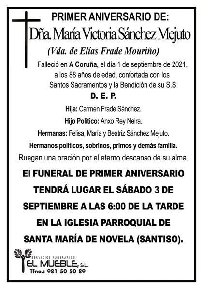 PRIMER ANIVERSARIO DE DÑA. MARÍA VICTORIA SÁNCHEZ MEJUTO.