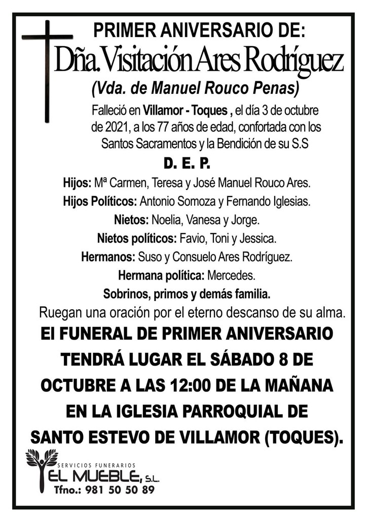 PRIMER ANIVERSARIO DE DÑA. VISITACIÓN ARES RODRÍGUEZ.