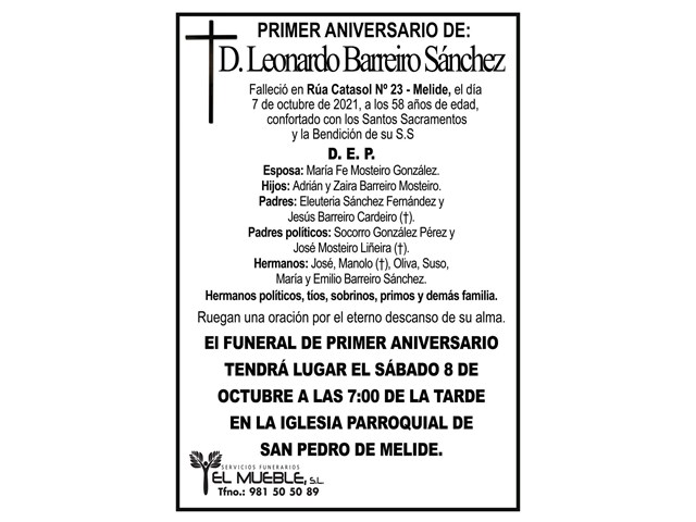 PRIMER ANIVERSARIO DE DON. LEONARDO BARREIRO SÁNCHEZ.