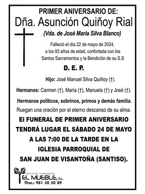 Primer aniversario de Dña. Asunción Quiñoy Rial.