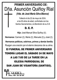 Primer aniversario de Dña. Asunción Quiñoy Rial.