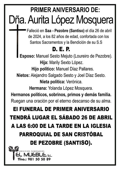 Primer aniversario de Dña. Aurita López Mosquera.