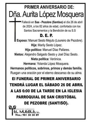 Primer aniversario de Dña. Aurita López Mosquera.
