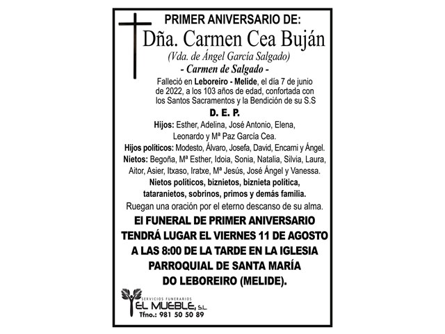 Primer aniversario de Dña. Carmen Cea Buján.