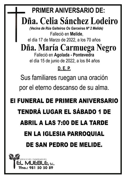 PRIMER ANIVERSARIO DE DÑA. CELIA SÁNCHEZ LODEIRO Y DÑA. MARÍA CARMUEGA NEGRO.