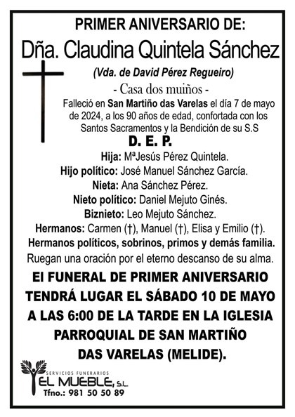 Primer aniversario de Dña. Claudina Quintela Sánchez.