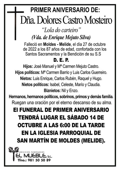 Primer aniversario de Dña. Dolores Castro Mosteiro.