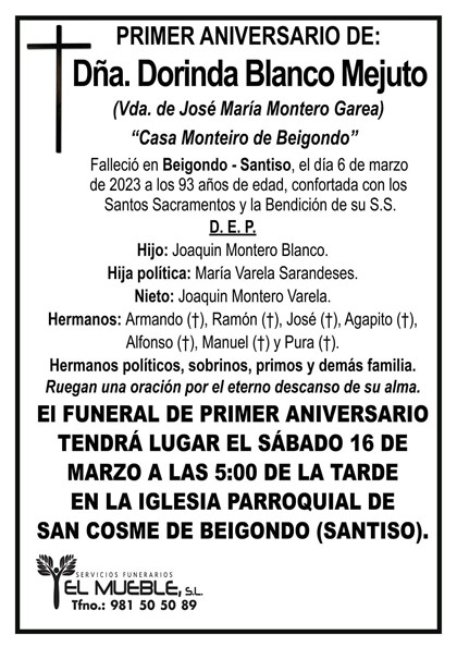 Primer aniversario de Dña. Dorinda Blanco Mejuto.
