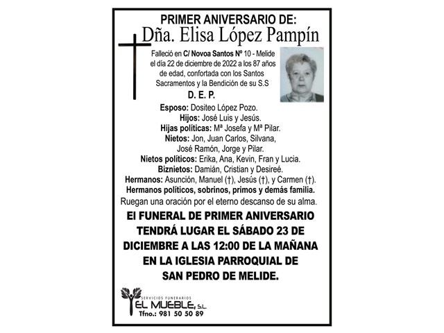 PRIMER ANIVERSARIO DE DÑA. ELISA LÓPEZ PAMPÍN.