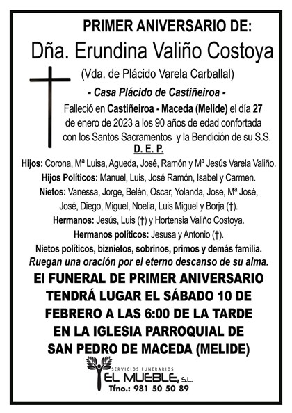 PRIMER ANIVERSARIO DE DÑA. ERUNDINA VALIÑO COSTOYA.