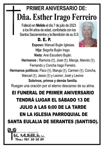 Primer aniversario de Dña. Esther Irago Ferreiro.