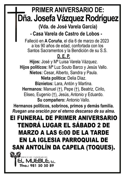 Primer aniversario de Dña. Josefa Vázquez Rodríguez.