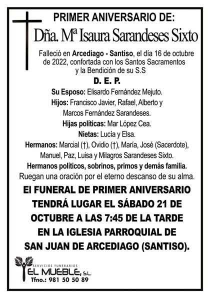 Primer aniversario de Dña. Mª Isaura Sarandeses Sixto.