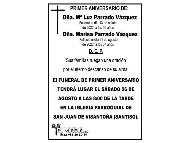 Primer aniversario de Dña. Mª Luz y Dña Marisa Parrado Vázquez