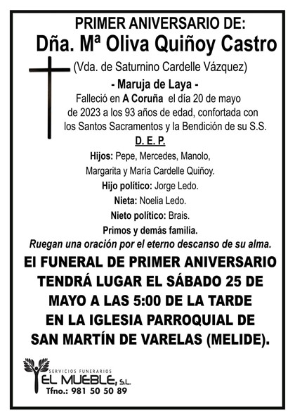 Primer aniversario de Dña. Mª Oliva Quiñoy Castro.